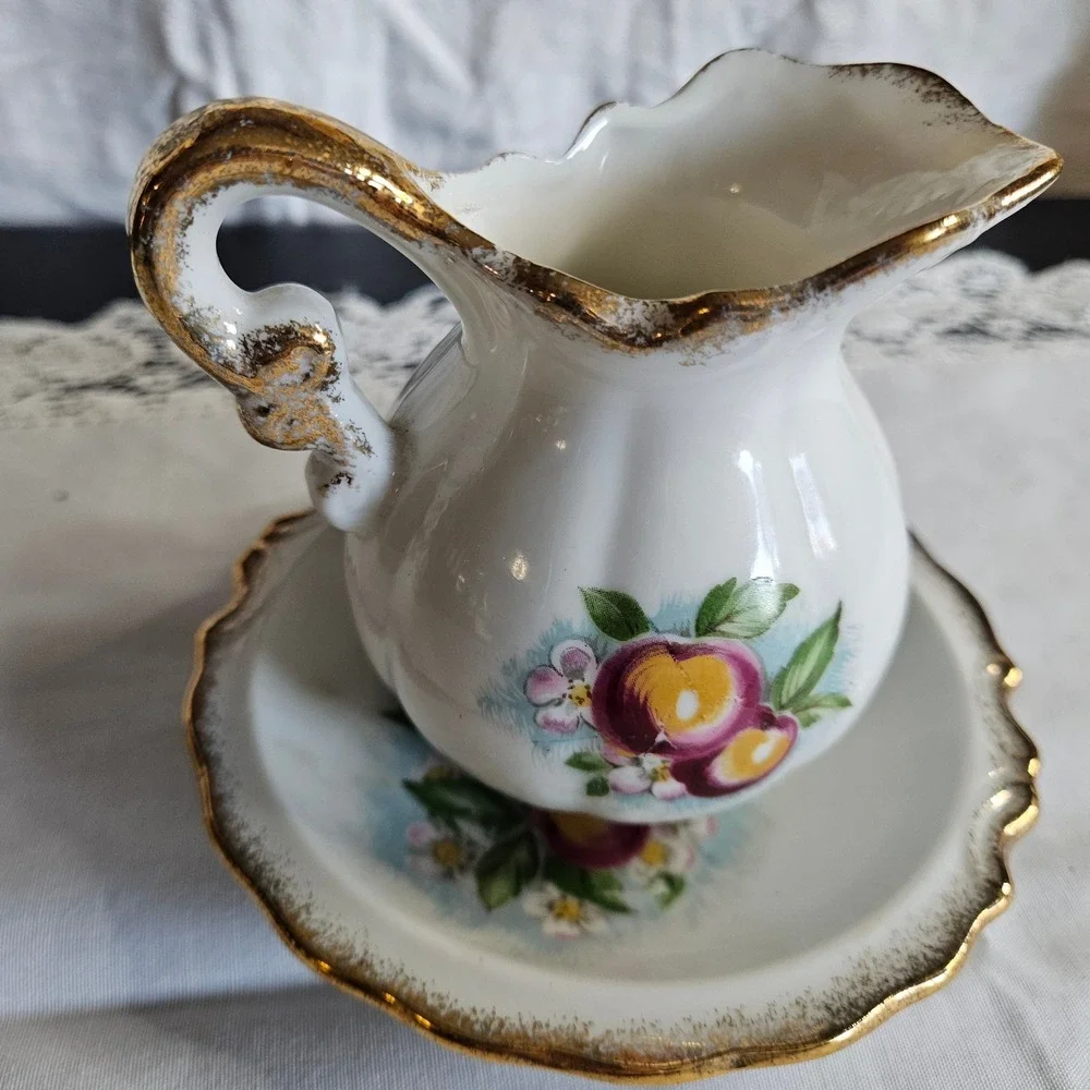 Vintage Homco Apple Blossom Pitcher Creamer w/ Saucer 1407 Japan